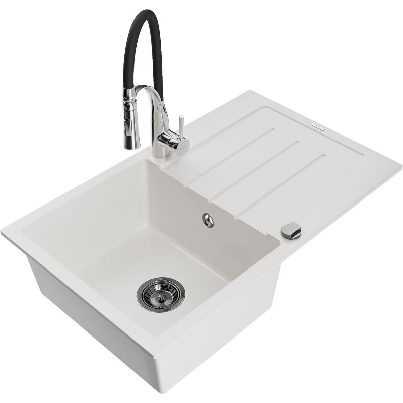 Zlewozmywak granitowy 1-komorowy Mexen Bruno z ociekaczem i baterią kuchenną Aster biały 6513-20-73450-07-B