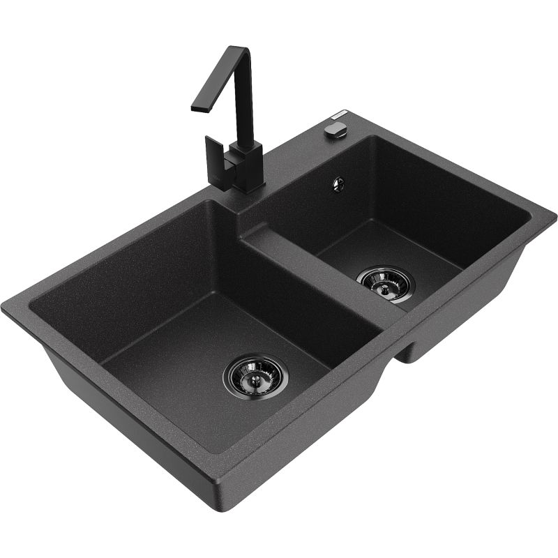 Zlewozmywak granitowy 2-komorowy Mexen Tomas z baterią kuchenną Rita czarny nakrapiany - 6516-76-670300-70 1 szt.