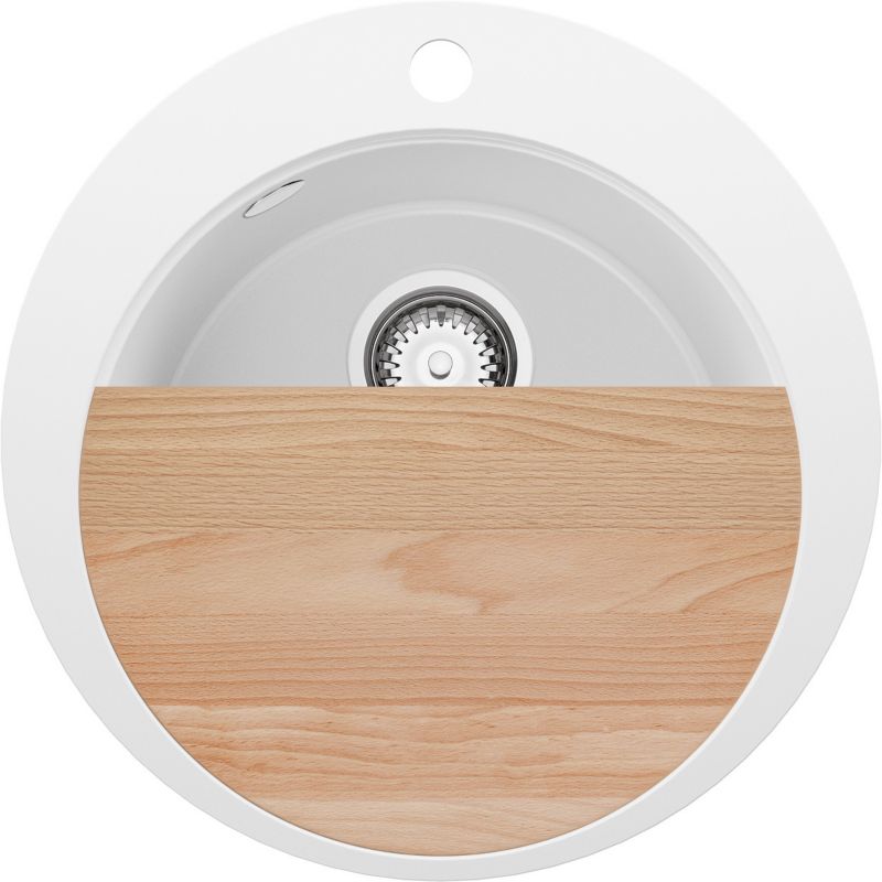 PRIMAGRAN Zlewozmywak Okrągły Biały 50x50cm, Zlew Kuchenny 1 Komorowy + Syfon + Deska, Nablatowy do szafki od 45cm - Piza
