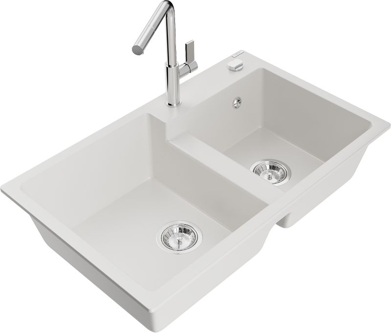 Zlewozmywak granitowy Mexen Tomas 2-komorowy z baterią kuchenną Flora biały - 6516-20-670401-07 1 szt.