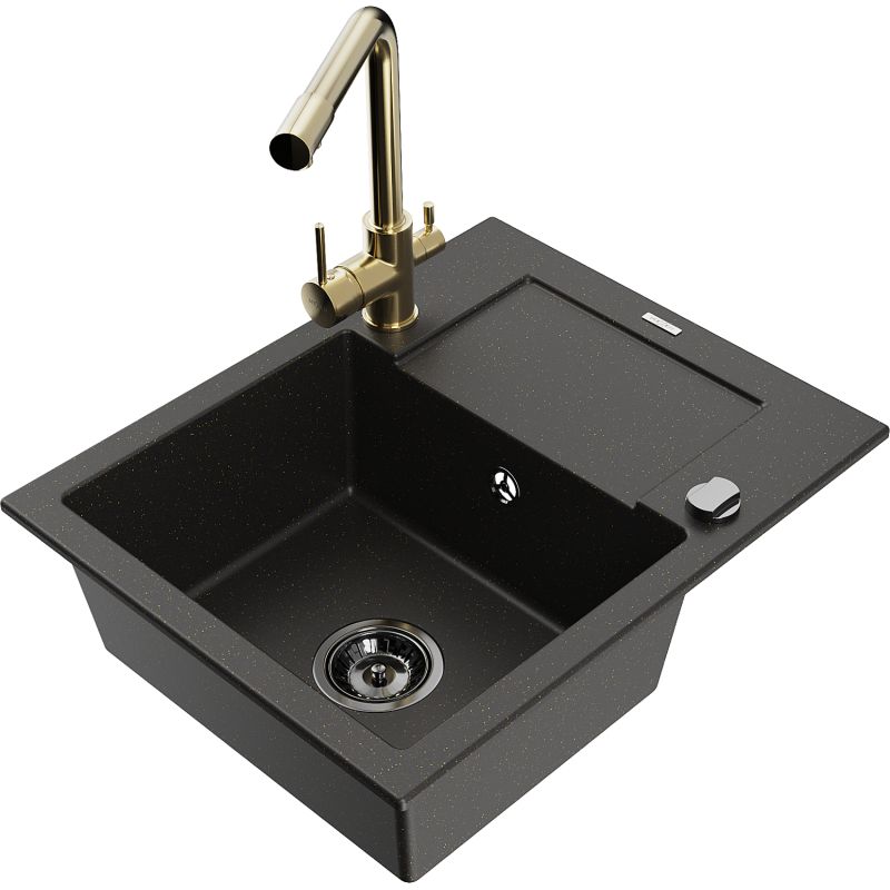 Zlewozmywak granitowy 1-komorowy Mexen Enzo z ociekaczem i baterią kuchenną Duero czarny/złoty metalik 6506-75-671600-50-B