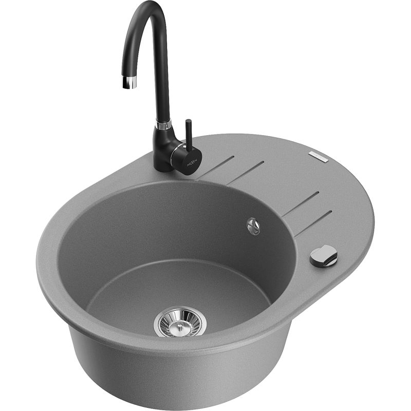 Zlewozmywak granitowy 1-komorowy Mexen Kevin z ociekaczem i baterią kuchenną Telma szary 6517-71-670200-70