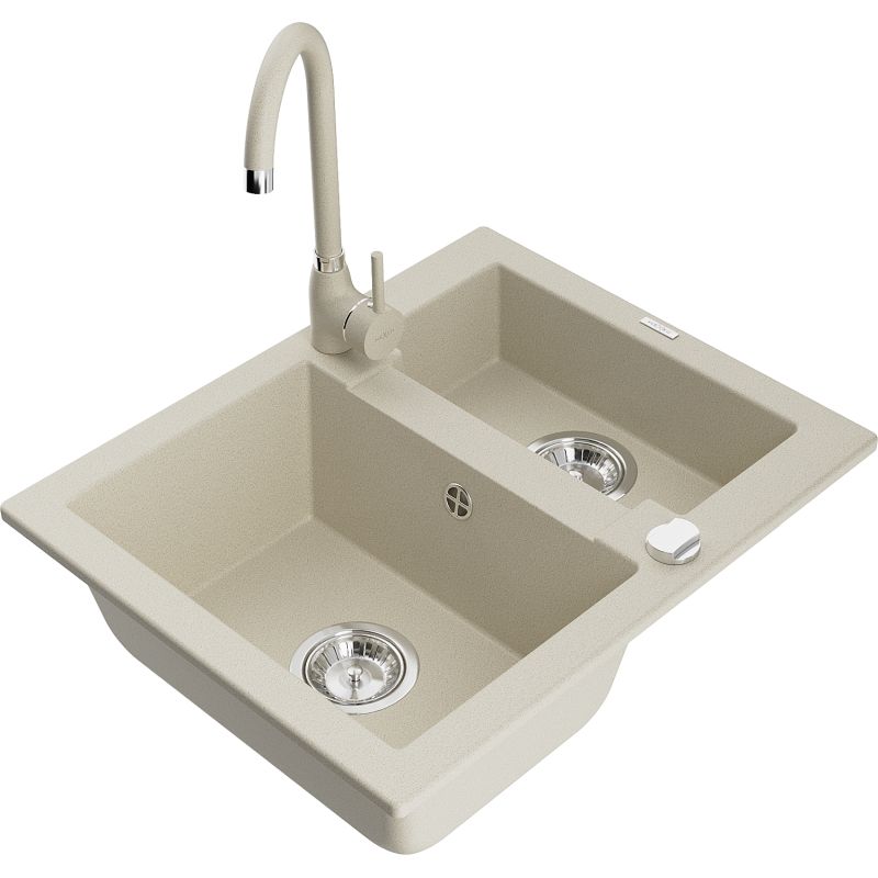 Zlewozmywak granitowy 1.5-komorowy Mexen Carlos z baterią kuchenną Telma beżowy 6518-69-670200-69