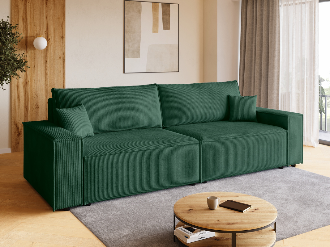 Zielona kanapa z funkcją spania i pojemnikiem sztruksowa ADI