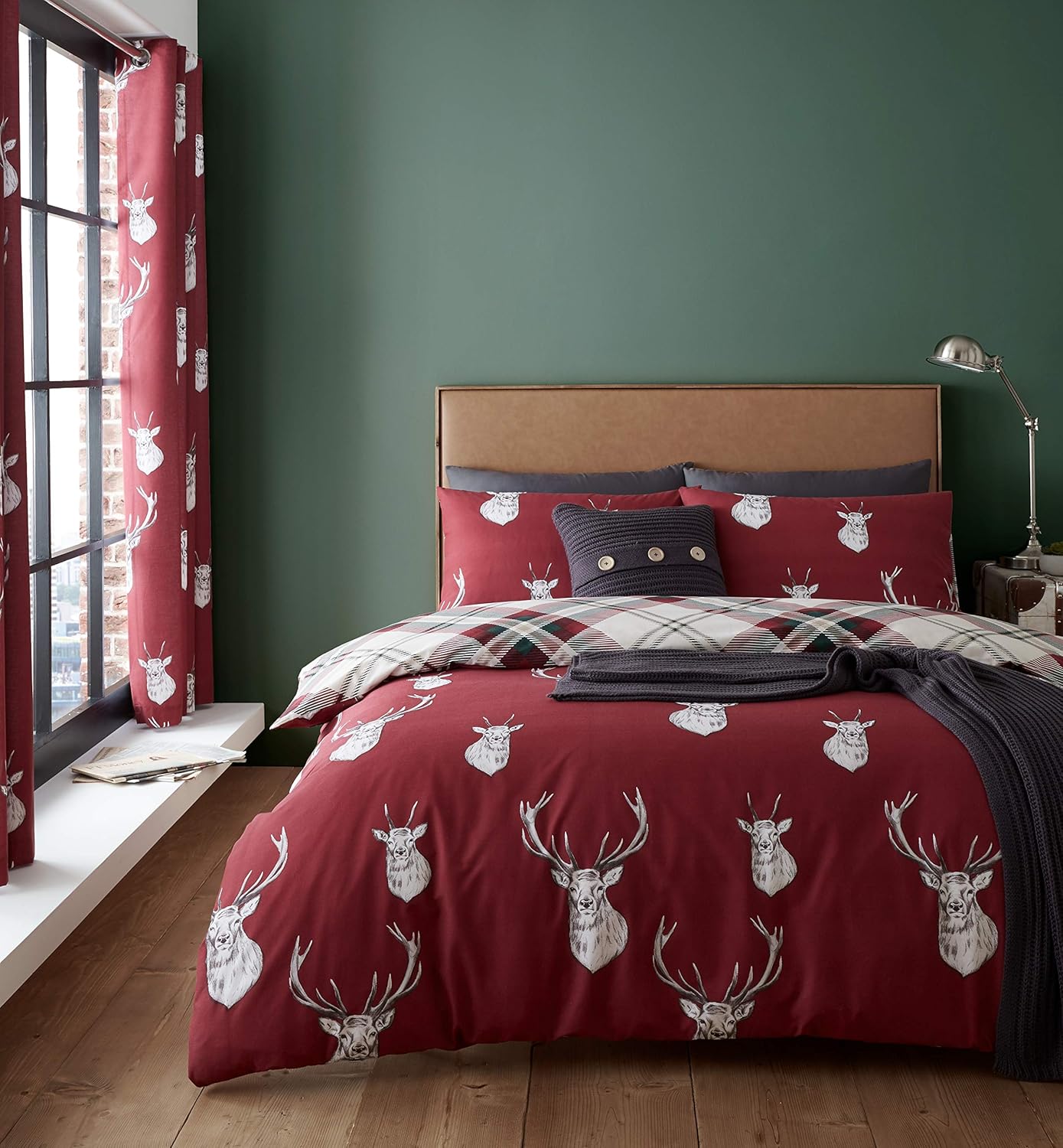 Komplet pościeli dwustronnej Jelenie i Krata Rozmiar do Wyboru MA - 1x poszewka 230x220cm + 2x poszewka 80x50cm