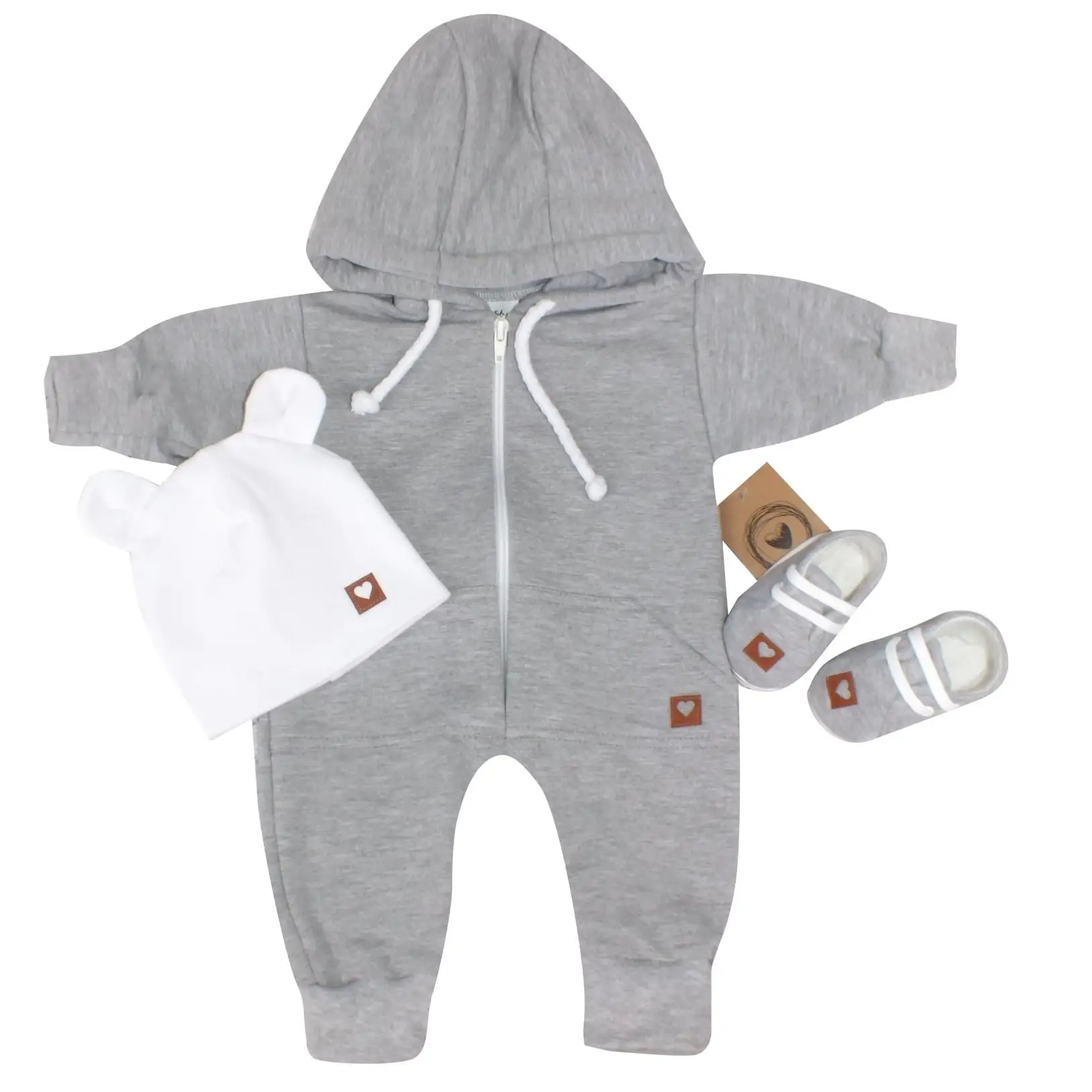 ZESTAW KOMBINEZON Z KAPTUREM PAJAC + CZAPKA + BUTY SZARY ZZ - 50