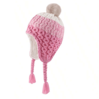 Futrzana czapka ocieplana na uszy różowo-biała NS
