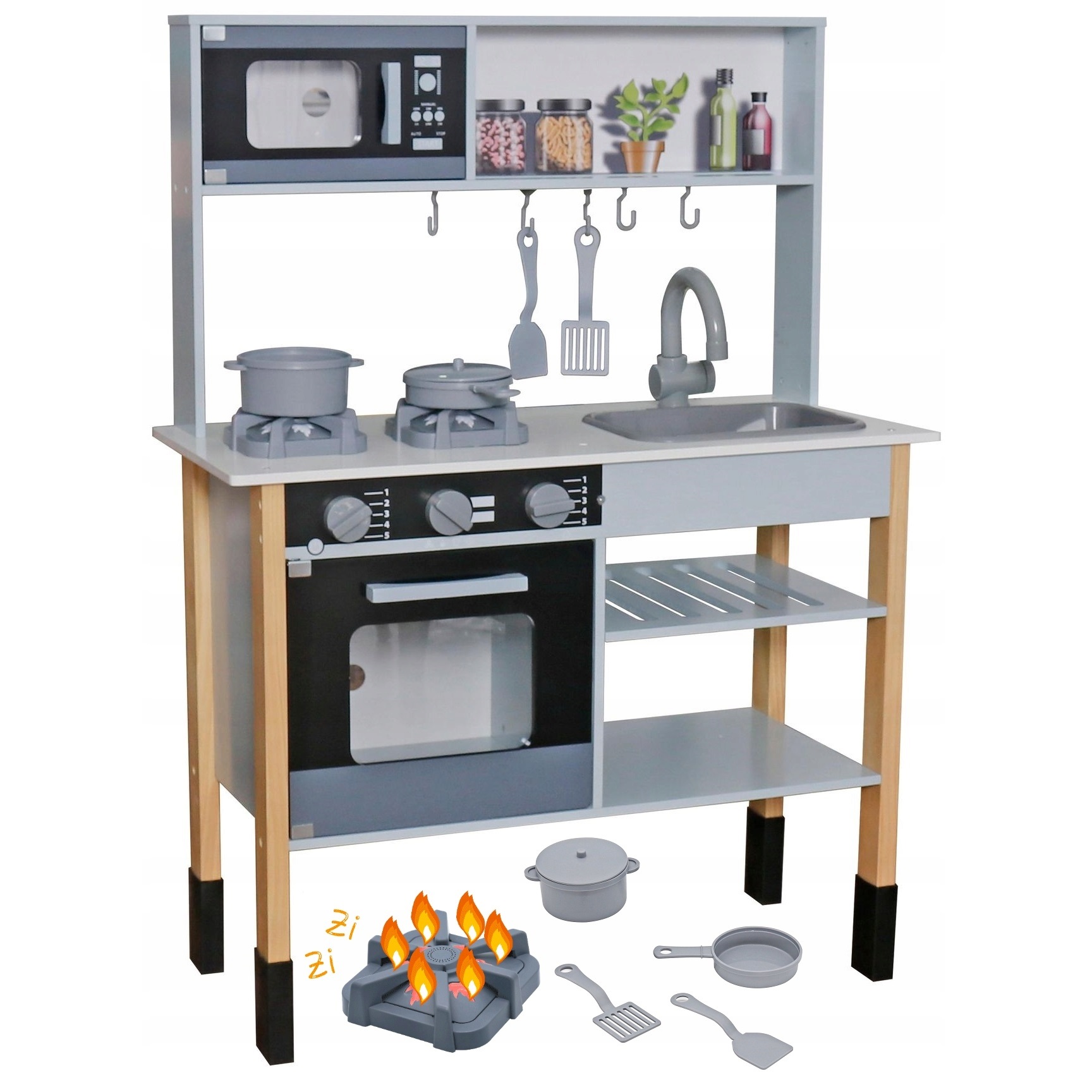 Drewniana kuchnia z akcesoriami szara AL