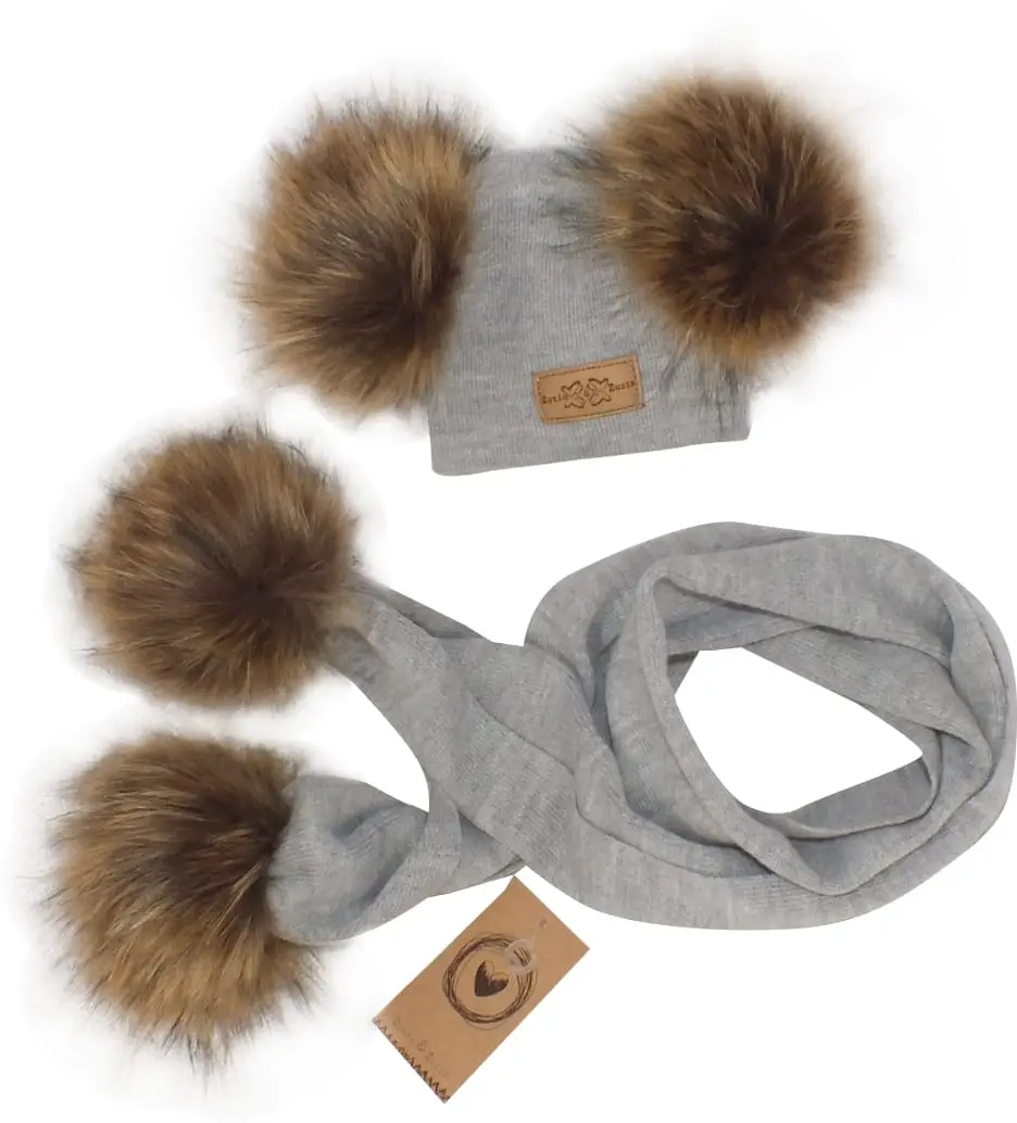 Komplet wełniany czapka i szalik z pomponami szary ZZ - 19 m-cy - 5 lat
