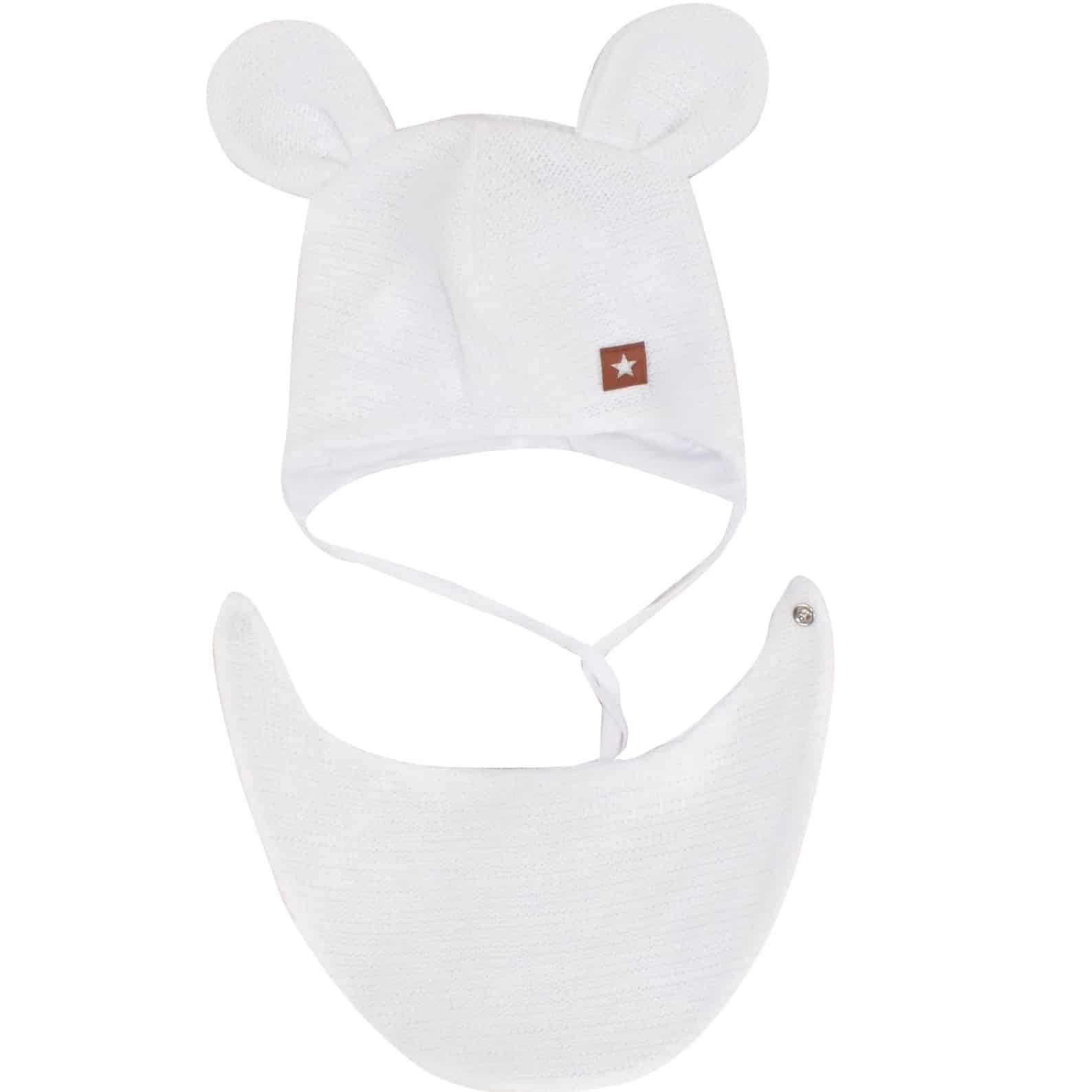 Komplet Miś czapka niemowlęca wiązana włóczkowa z uszami+apaszka biała ZZ