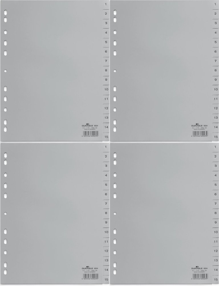 4x Przekładki do segregatora Durable, plastikowe, numeryczne, A4, 1-15 kart, szary