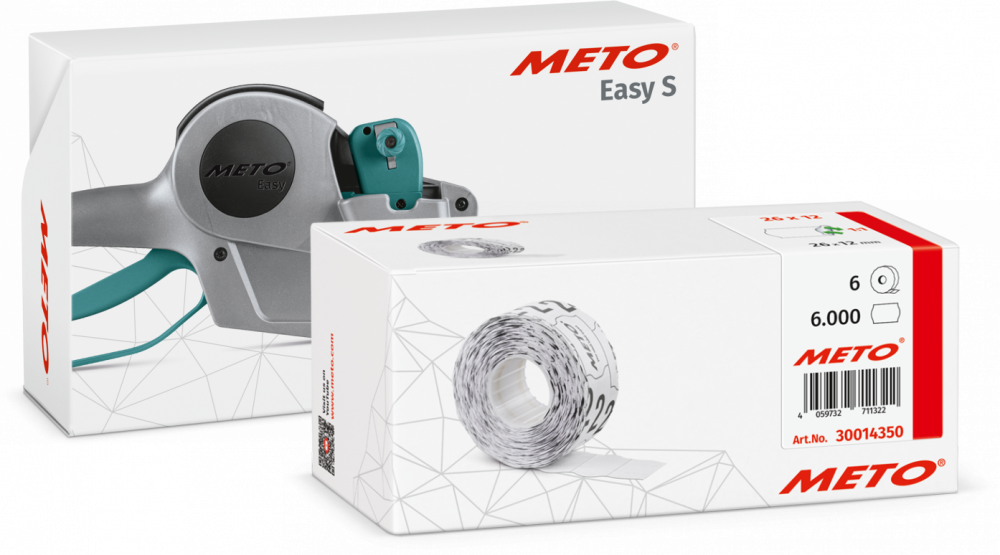 Zestaw: Metkownica Meto Easy S 1026/12 + usuwalne etykiety cenowe w rolce, 26x12 mm, 1000 sztuk, 6 rolek, biały