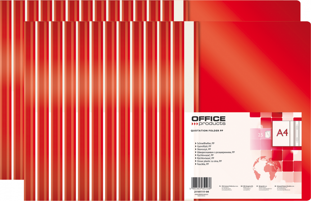 25x Skoroszyt plastikowy bez oczek Office Products, A4, do 200 kartek, czerwony