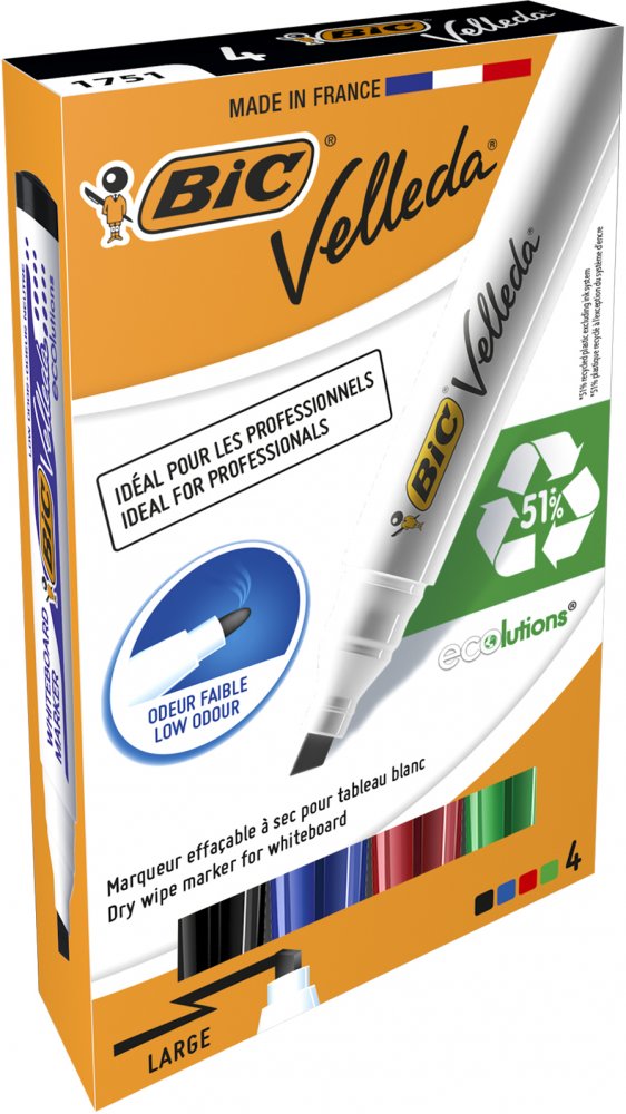 Marker suchościeralny Bic, Velleda, ścięta, 4 sztuki, mix kolorów