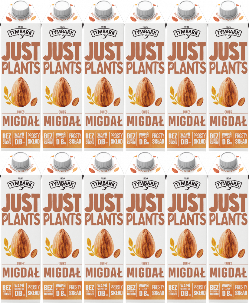 12x Napój owsiano-migdałowy Tymbark Just Plants, bez cukru, 1l