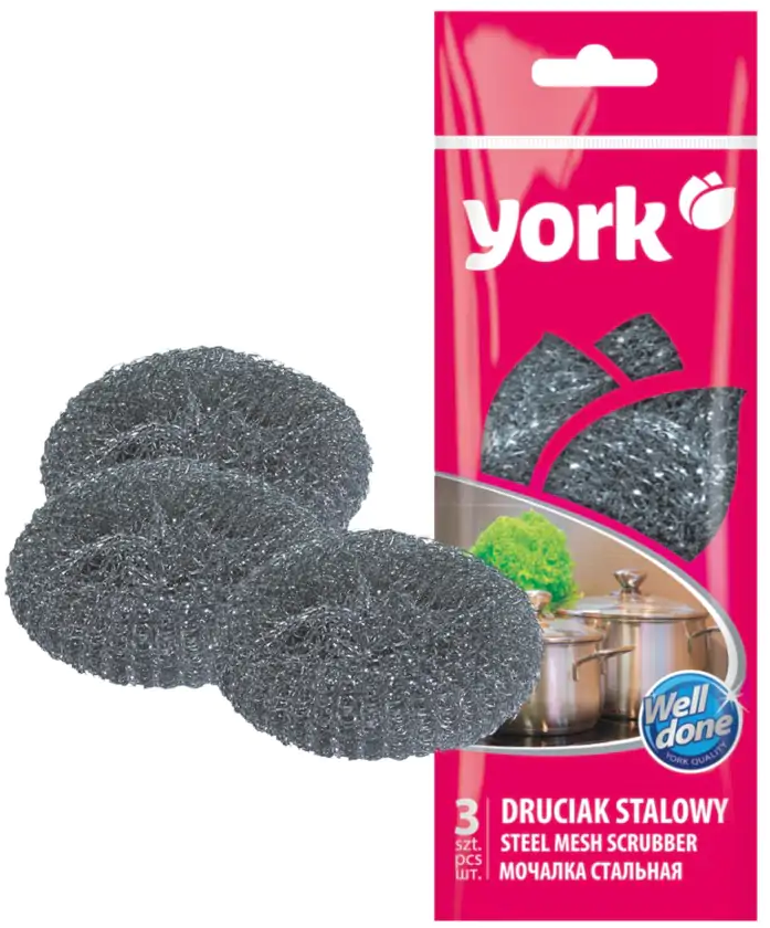 Druciak stalowy York, 3 sztuki, srebrny