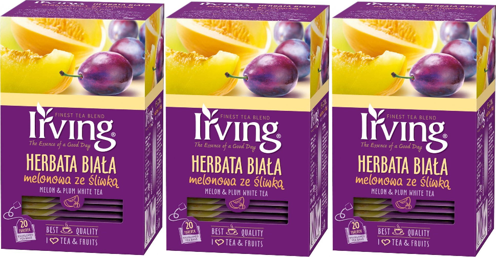 3x herbata biała smakowa w kopertach Irving, melonowa ze śliwką, 20 sztuk x 1.5g
