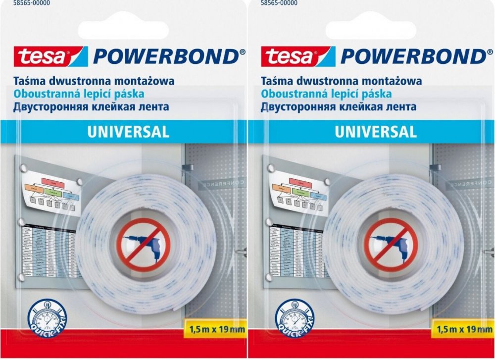 2x Taśma dwustronna montażowa Tesa Powerbond, 19mm x 1.5m, biały