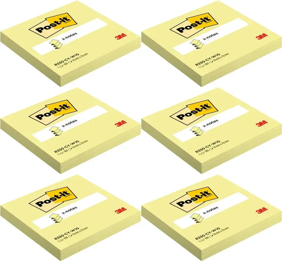 6x Karteczki samoprzylepne Post-it Z-Notes, 76x76mm,100 karteczek, kanarkowy żółty
