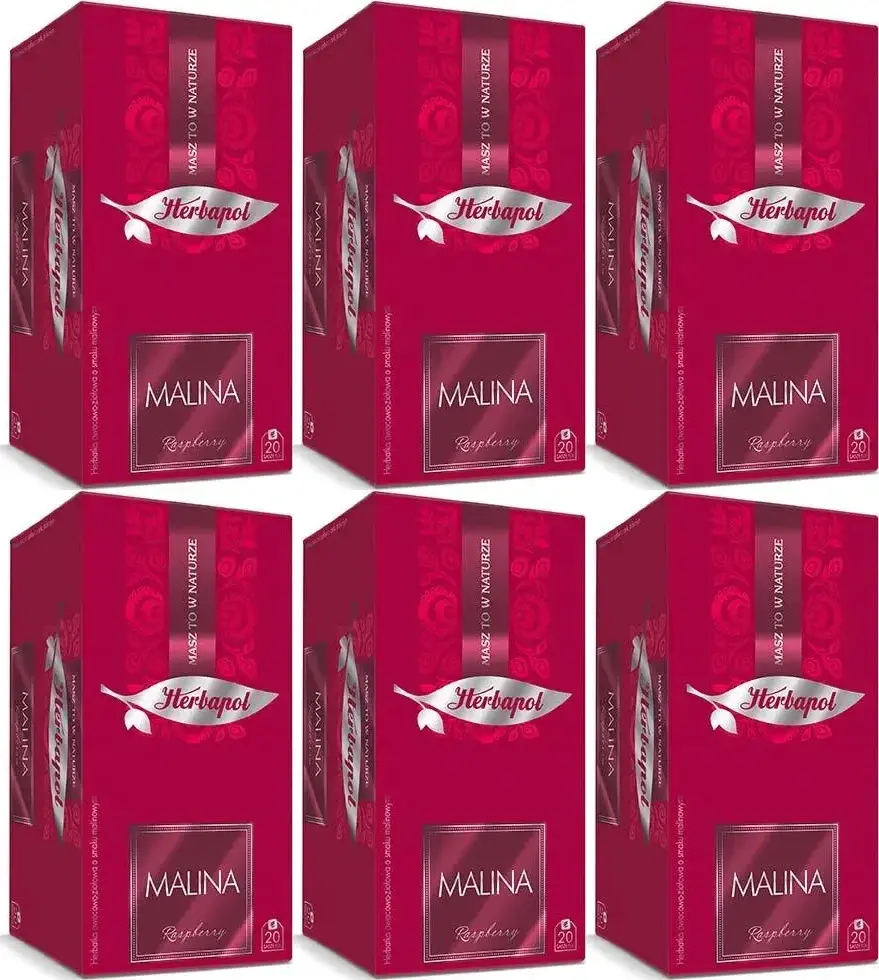 6x Herbata owocowo-ziołowa w kopertach Herbapol Breakfast, malina, 20 sztuk x 2g