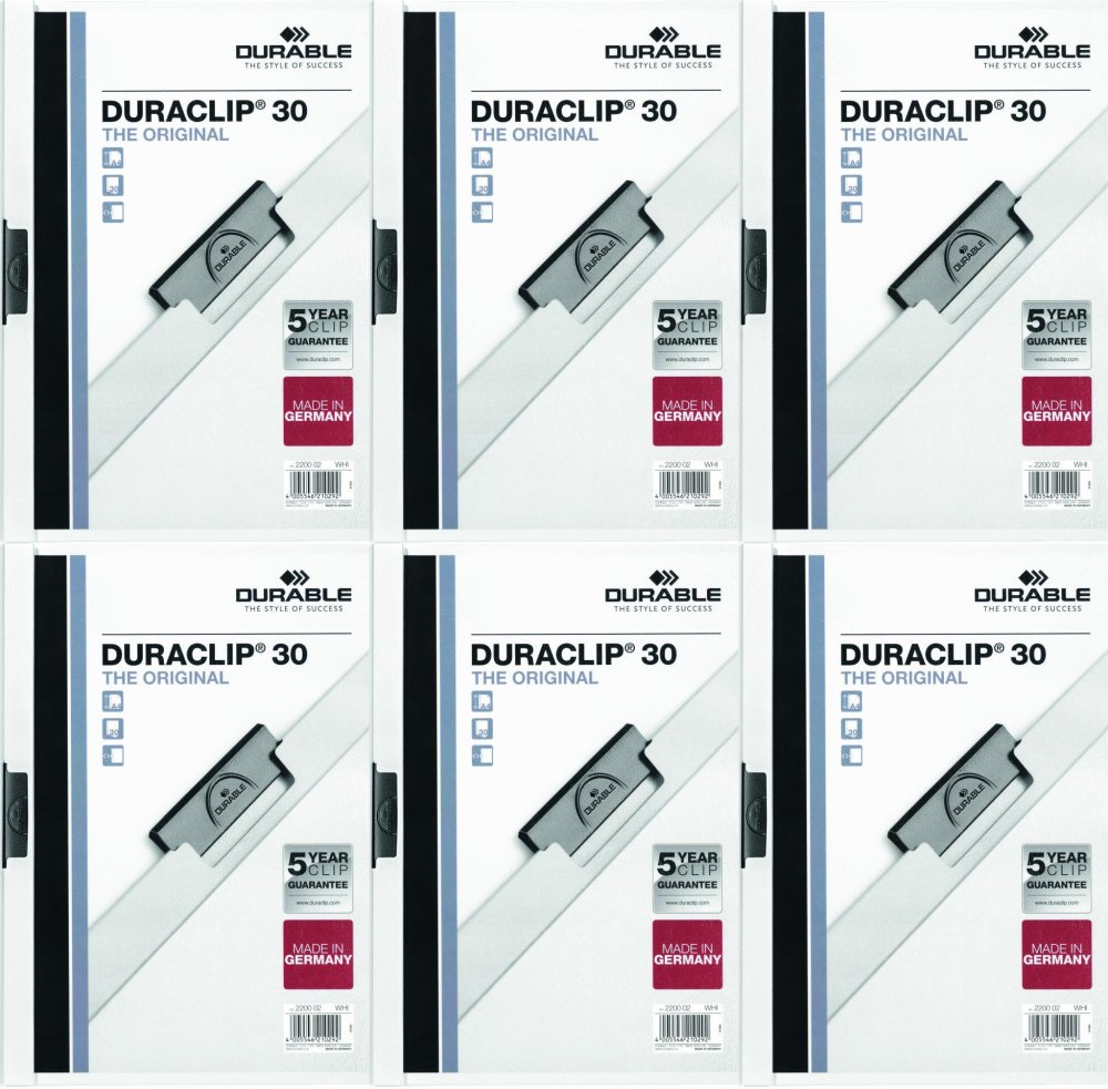 6x Skoroszyt plastikowy z klipsem Durable Duraclip, A4, do 30 kartek biały