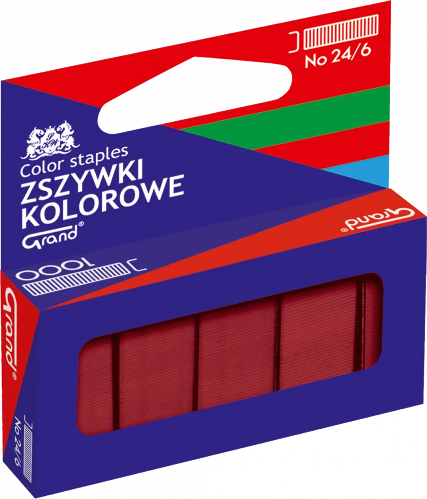 Zszywki kolorowe Grand, 24/6, 1000 sztuk, czerwony