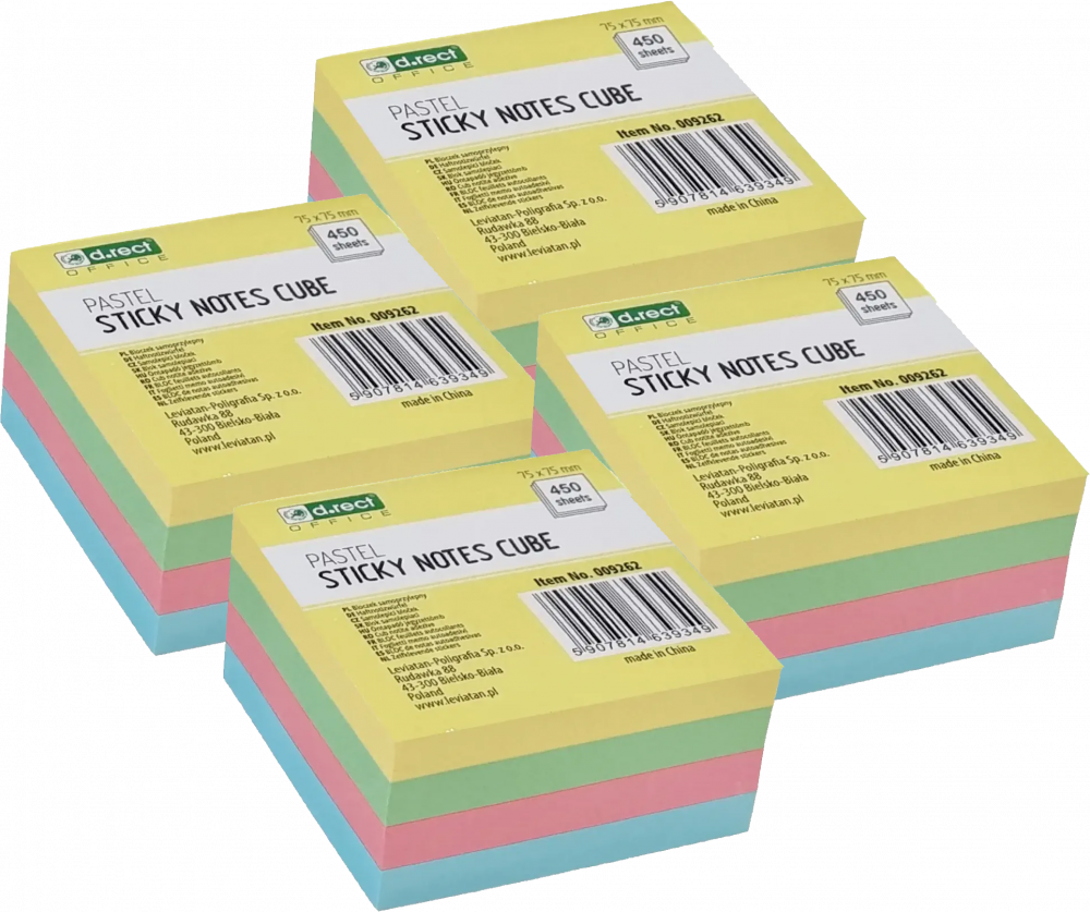 4x Karteczki samoprzylepne D.Rect, 75x75mm, 450 karteczek, mix kolorów pastelowych