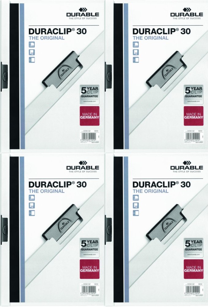 4x Skoroszyt plastikowy z klipsem Durable Duraclip, A4, do 30 kartek biały