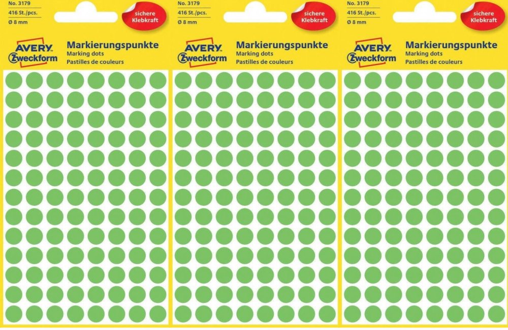 3x Etykiety oznaczeniowe Avery Zweckform, okrągłe, średnica 8mm, 416 sztuk, zielony odblaskowy