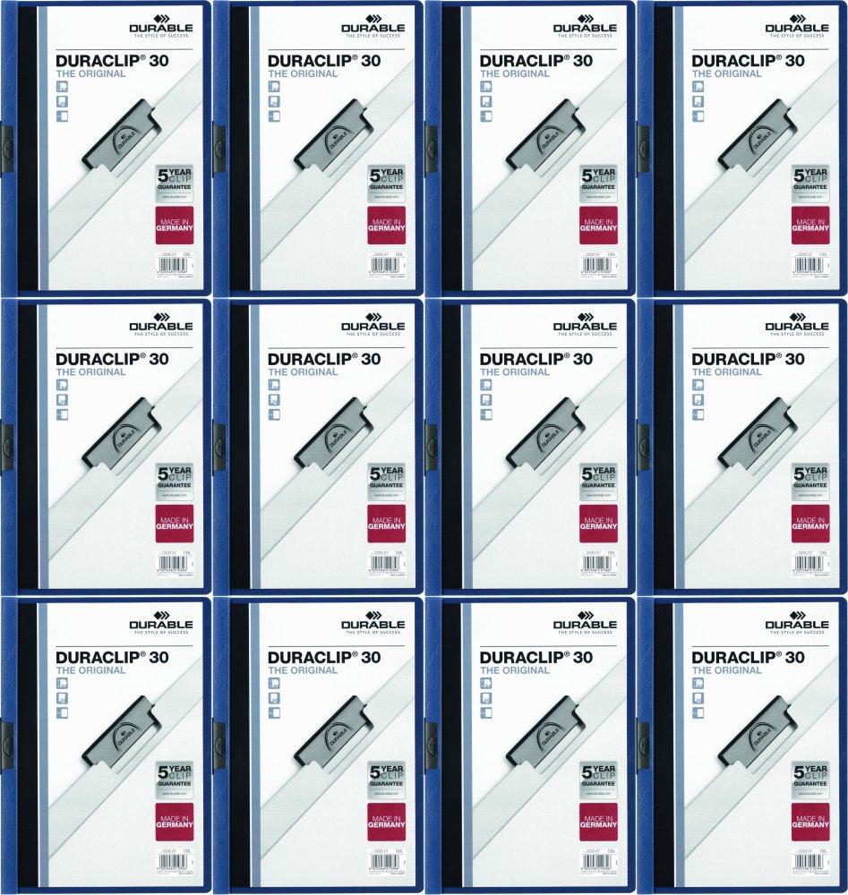 12x Skoroszyt plastikowy z klipsem Durable Duraclip, A4, do 30 kartek granatowy