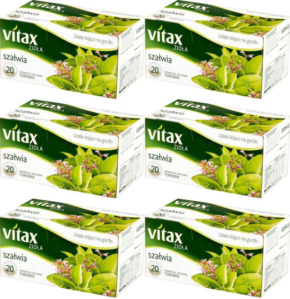 6x Herbata ziołowa w torebkach Vitax, szałwia, 20 sztuk x 1.2g