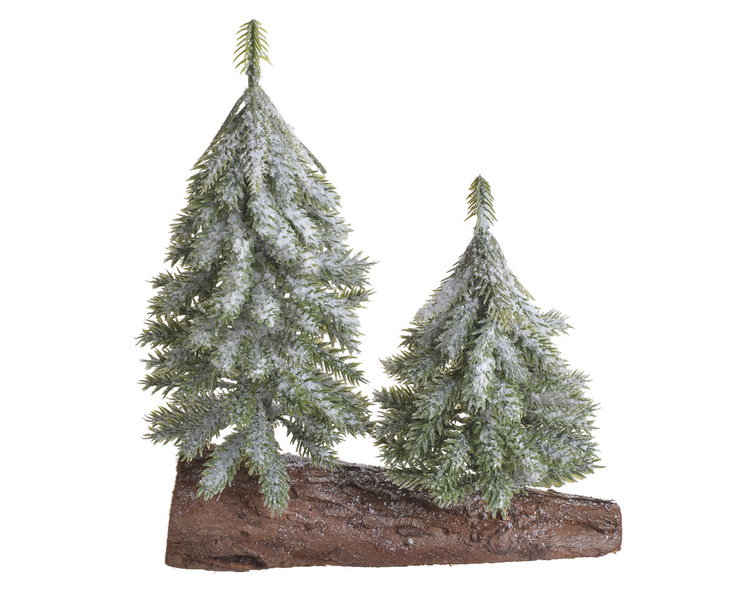 Choinki szczotki zielone śnieżone komplet 2 sztuki na podstawce z kory 20cm