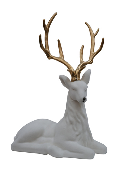 Jeleń aksamitny biały leżący ze złotym porożem 37x25,5 cm