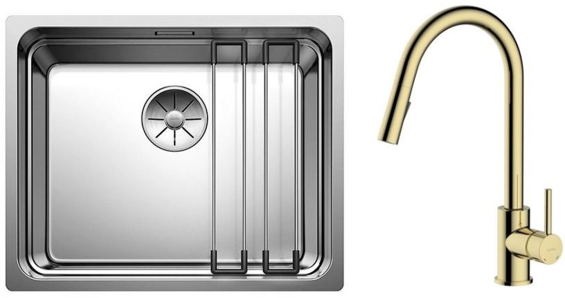 Zestaw Blanco Etagon 500-U zlewozmywak stalowy 54x44 cm z baterią kuchenną Oltens Litla stojąca z wyciąganą wylewką złoty połysk ... - Wysyłka w 24h