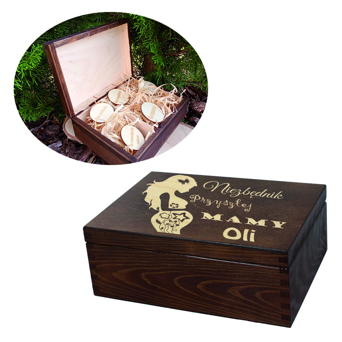 Drewniane pudełko, niezbędnik przyszłej mamy , prezent na baby shower personalizacja brąz