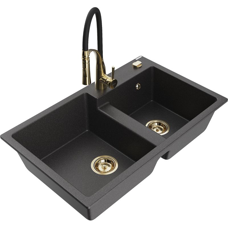 Zlewozmywak granitowy 2-komorowy Mexen Tomas z baterią kuchenną Aster czarny nakrapiany 6516-76-73450-57-G