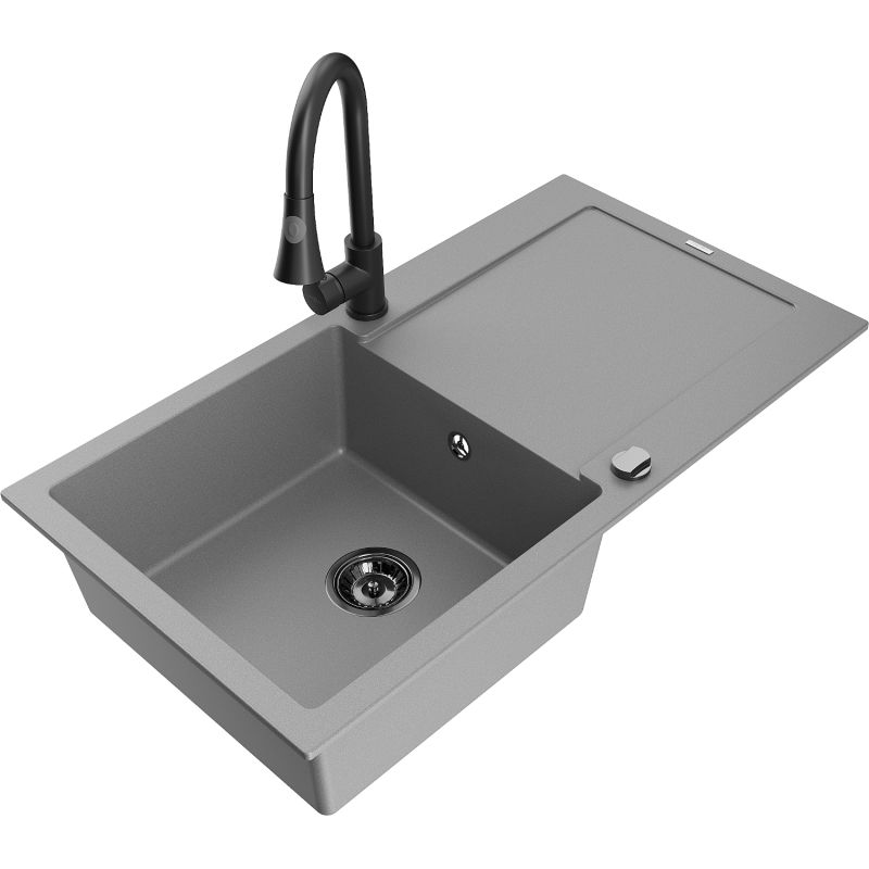 Zlewozmywak granitowy 1-komorowy Mexen Leo z ociekaczem i baterią kuchenną Elia szary 6501-71-670101-70-B