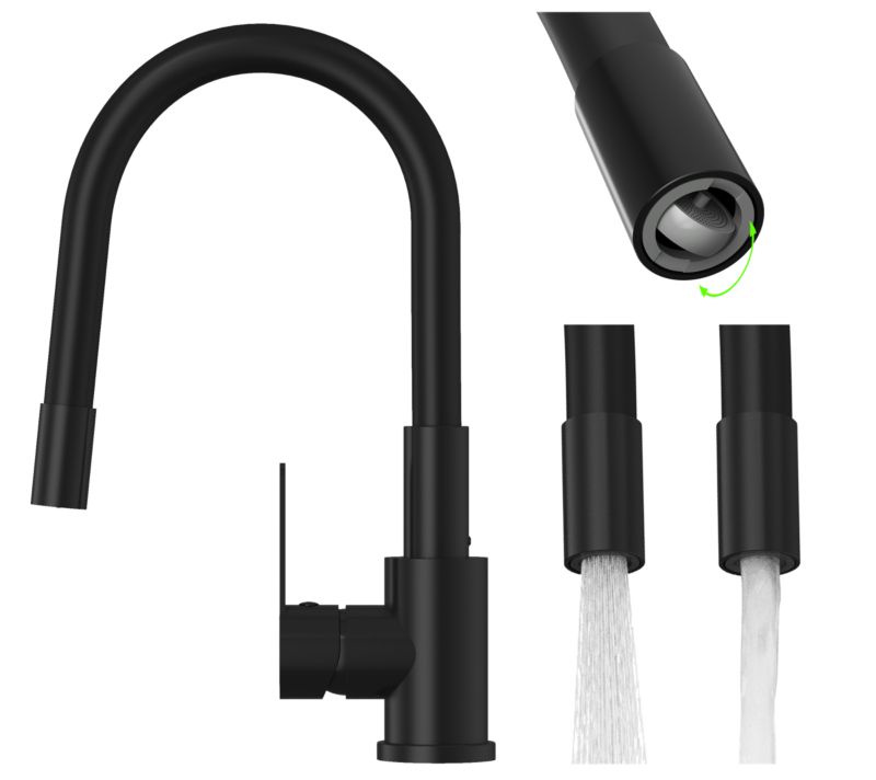 Bateria kuchenna Grado Plus Granitan z elastyczną wylewką czarna obrotowy perlator