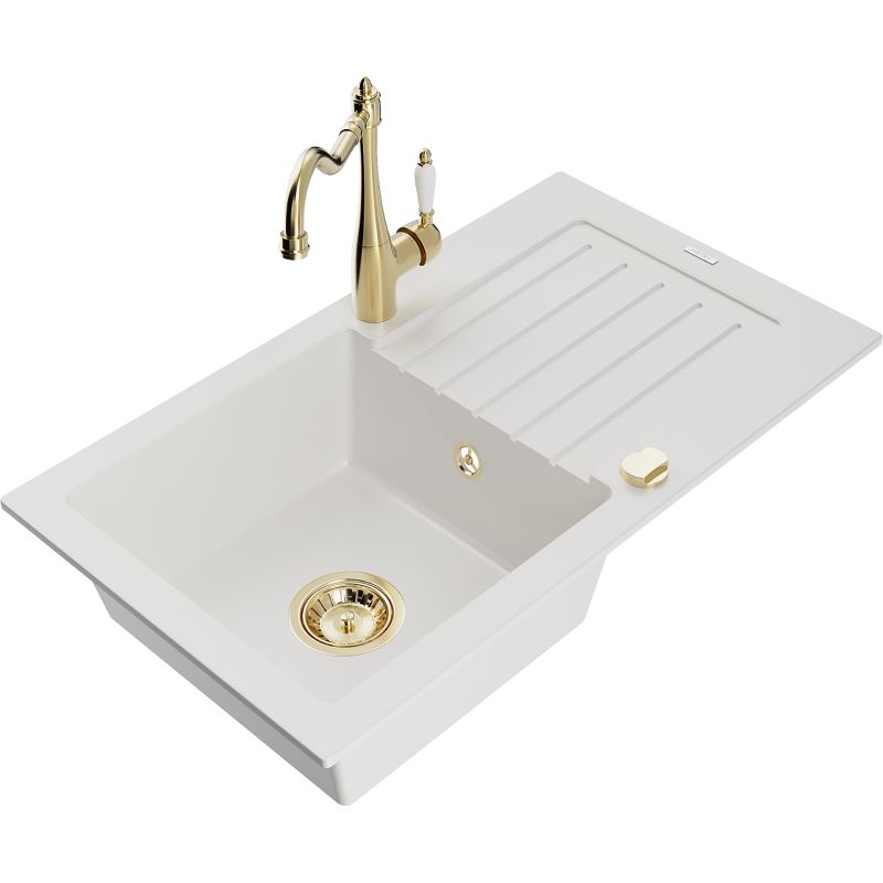 Zlewozmywak granitowy 1-komorowy Mexen Pablo z ociekaczem i baterią kuchenną Carla biały 6510-20-670700-50