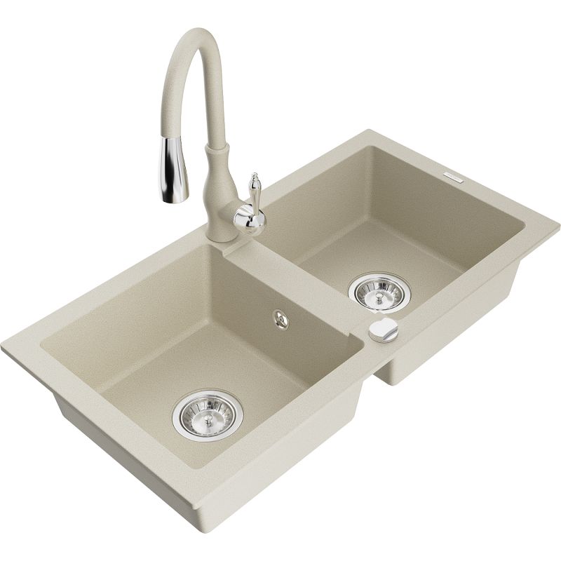 Zlewozmywak granitowy 2-komorowy Mexen Mario z baterią kuchenną Savita beżowy 6504-69-672601-69
