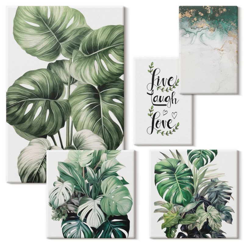 Komplet Obrazów Na Płótnie Wallfluent Rośliny liściaste żyj śmiej się kochaj 5 szt.