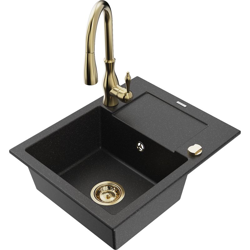 Zlewozmywak granitowy 1-komorowy Mexen Enzo z ociekaczem i baterią kuchenną Savita czarny/srebrny metalik 6506-73-672601-50