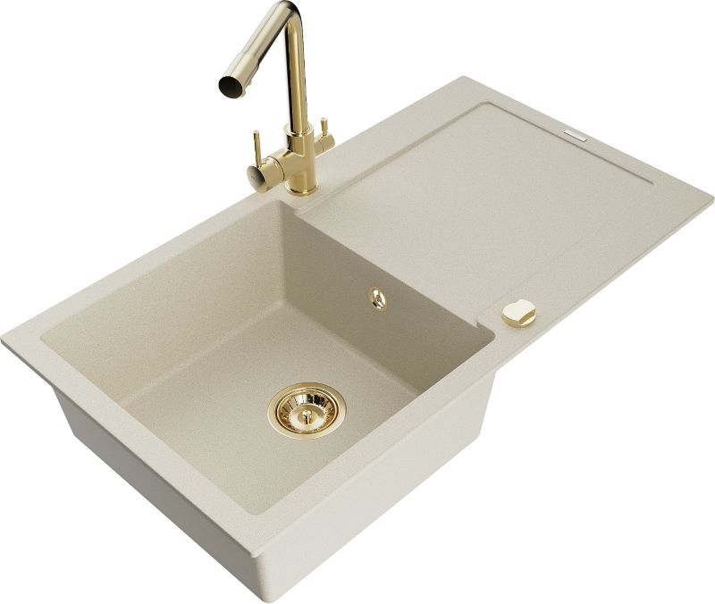 Zlewozmywak granitowy Mexen Leo 1-komorowy z ociekaczem i baterią kuchenną Duero beżowy- - 6501-69-671600-70 1 szt.