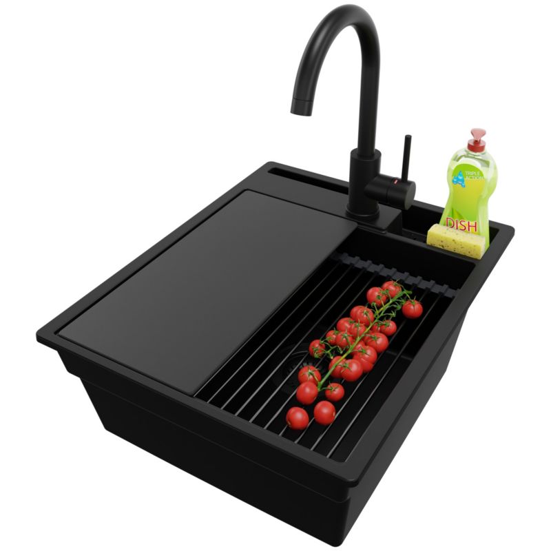 PRIMAGRAN Zlewozmywak Granitowy Cały Czarny 43x53cm, Zlew Kuchenny 1 Komorowy + Syfon + Akcesoria, Nablatowy do szafki od 45cm