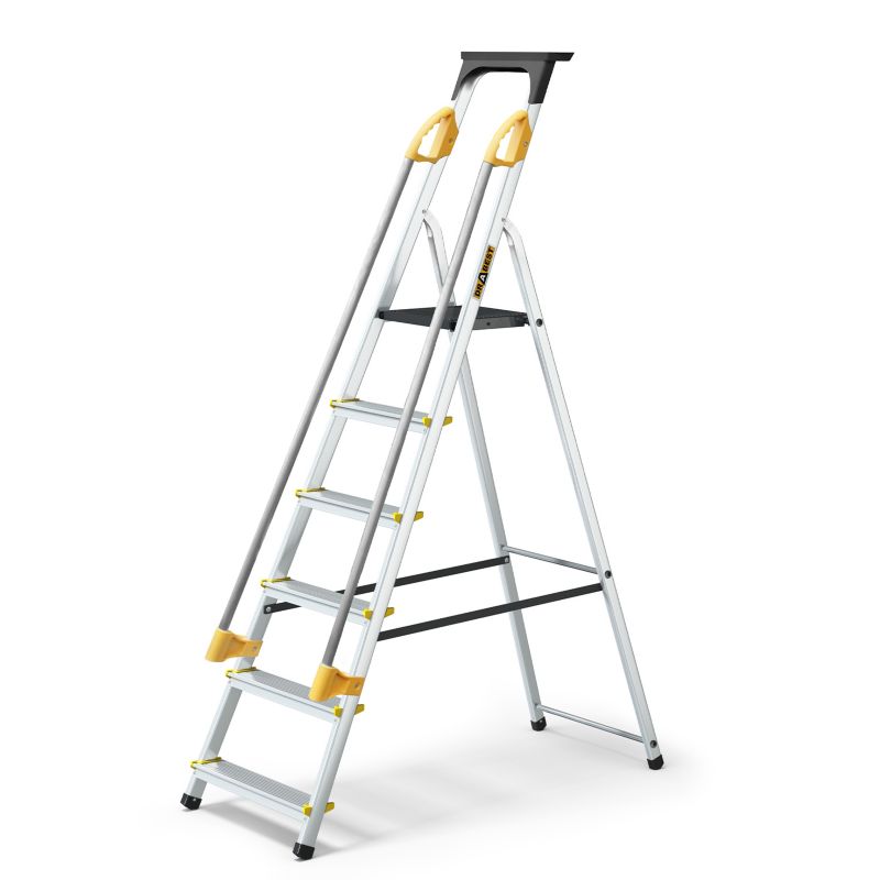 Drabina aluminiowa jednostronna PRO DRABEST 6 stopni z półką i poręczami, nośność 150 kg, 1 szt.