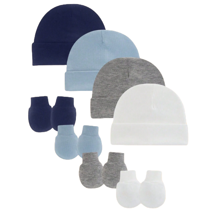 Komplet 8-częściowy dla noworodka prążek czapeczki + niedrapki błękit/szary NS