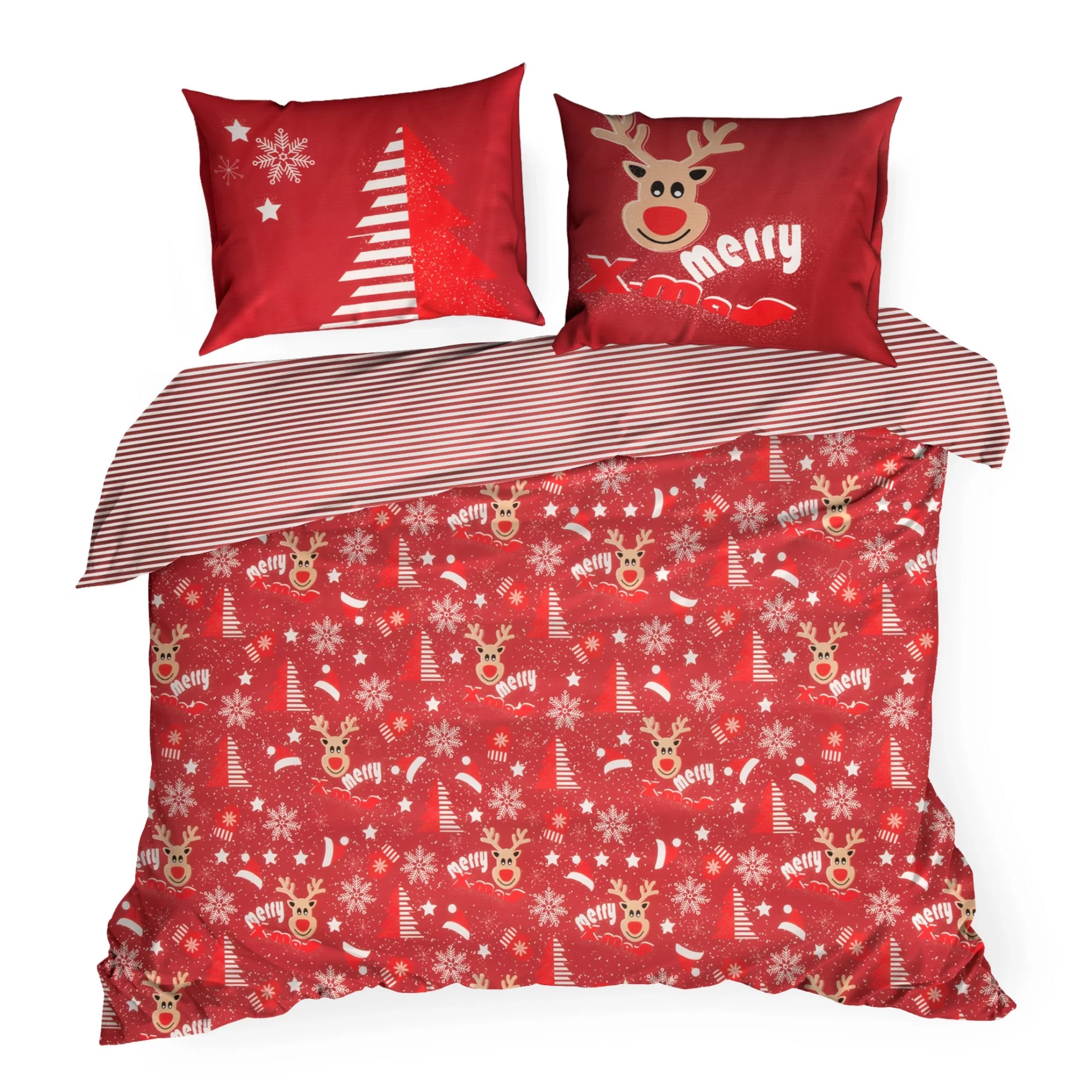 Pościel Świąteczna Renifery i Choinki na czerwieni 200x220 cm PTR-06 mar