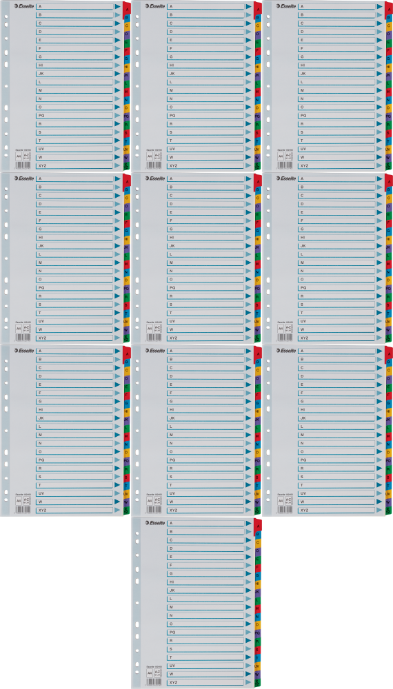 10x Przekładki do segregatora Esselte Mylar, kartonowe, alfabetyczne, A4, 20 kart, mix kolorów