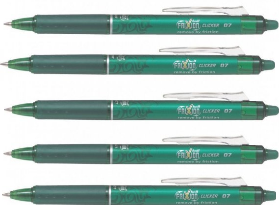 5x Pióro kulkowe wymazywalne Pilot, Frixion Clicker, automatyczne, 0.7mm, zielony