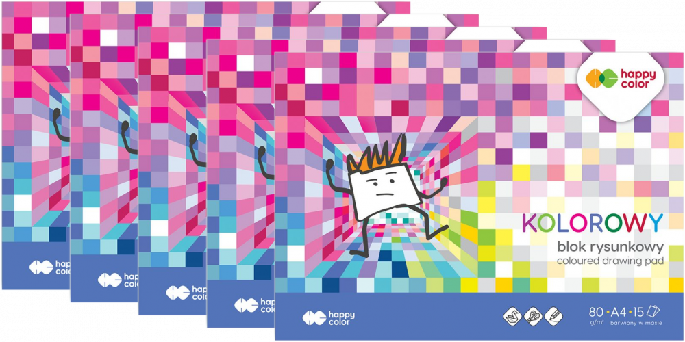 5x Blok rysunkowy kolorowy Happy Color, A4, 15 kartek, mix kolorów